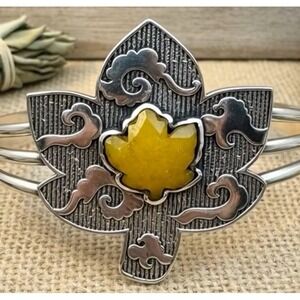 925 Sterling Silver and Yellow Leaf Cuff Bracelet